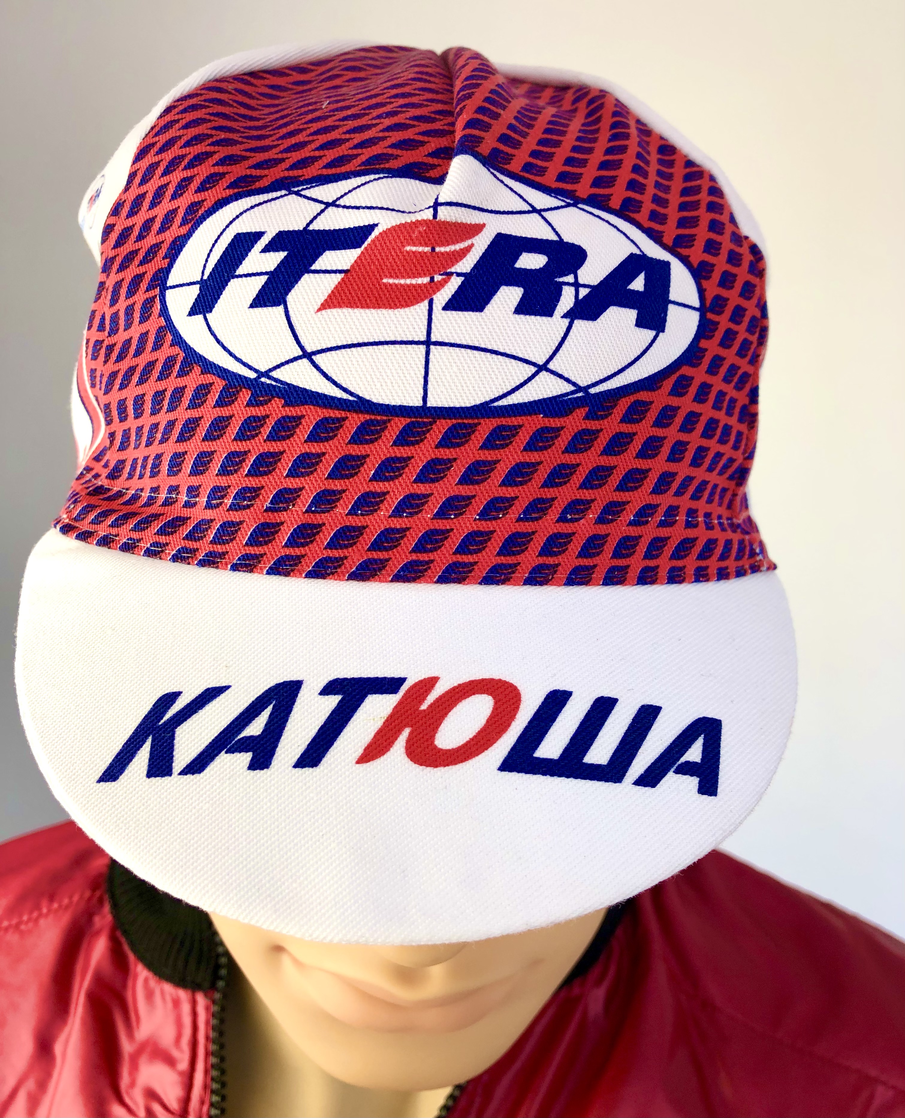 Retro Radsportmütze Team Katusha - Itera, rot / blau kariert