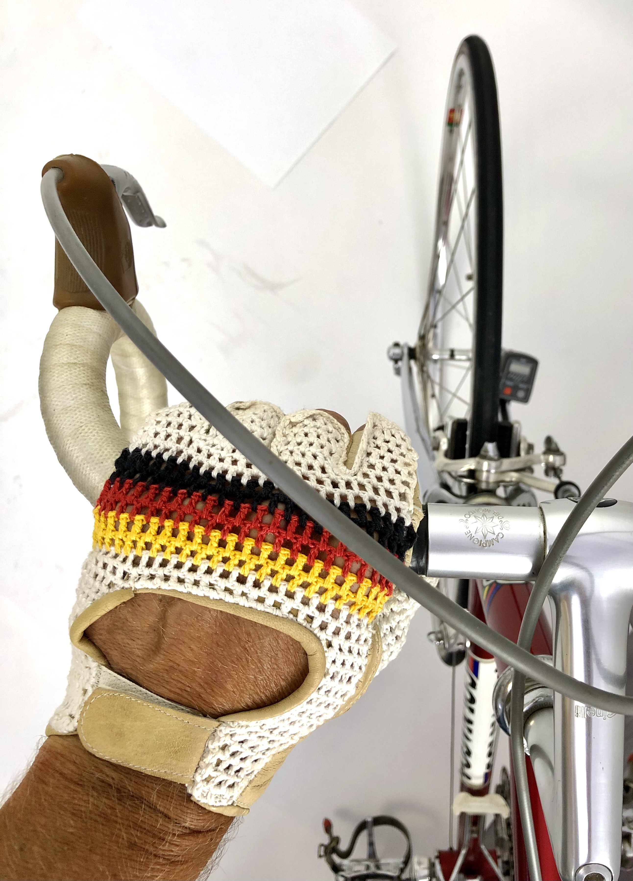 Original GANT 1970s Vintage Fahrradhandschuhe, Fahrerhandschuhe schw-rot-gelb, Größe 12