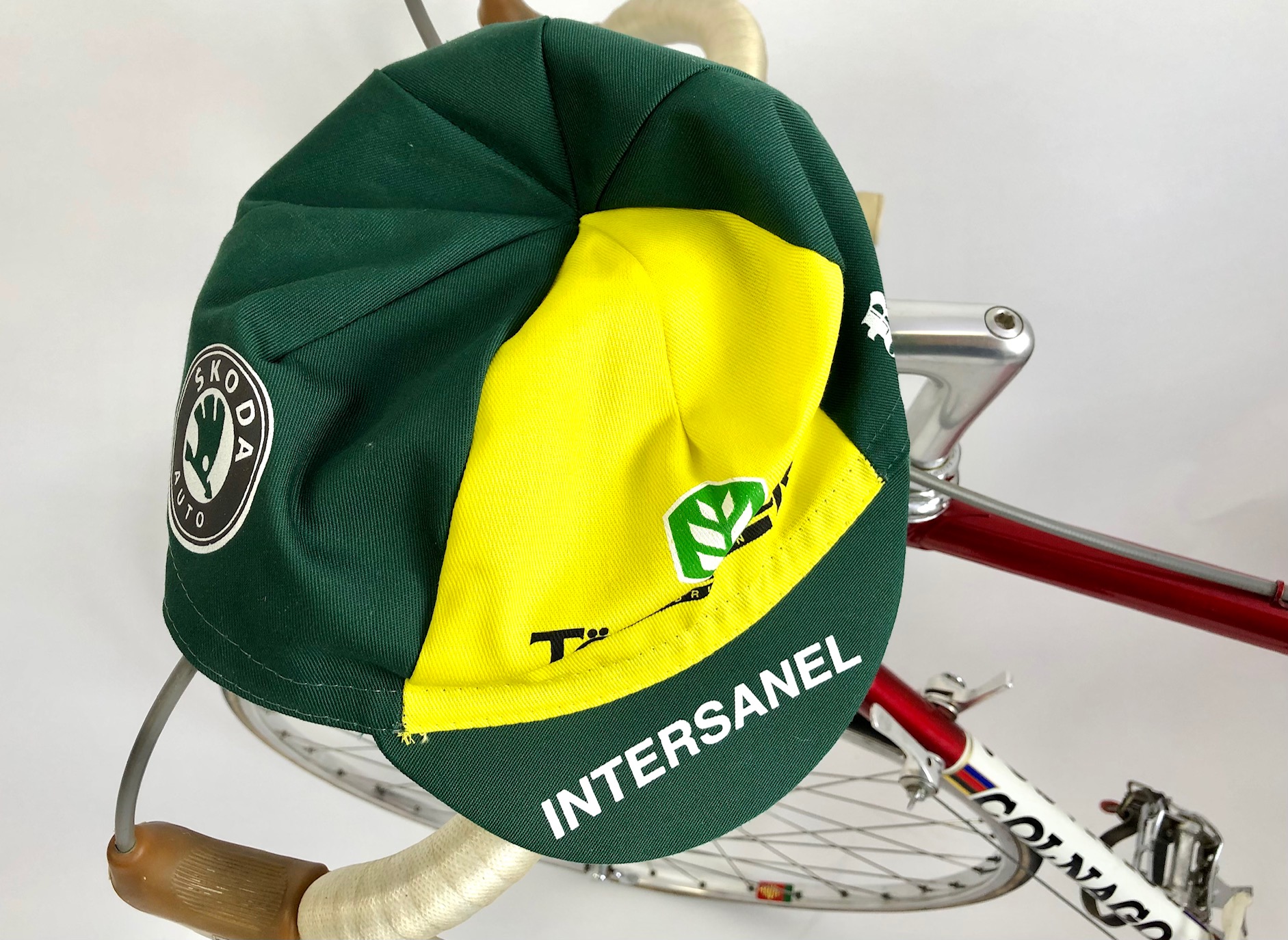 Retro Radsportmütze Team Tönissteiner Intersanel Skoda Colnago Global Bakeries Jef de Bilde